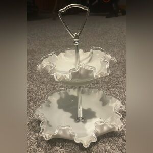 Fenton Silver Crest Milk Glass 2-Tier Ruffled Tidbit Tray